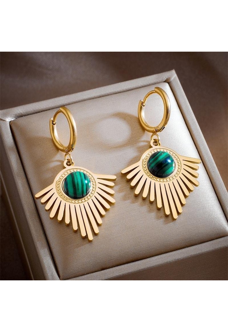 Cercei aurii - cu raze si pietre verzi - Baldine C14 -