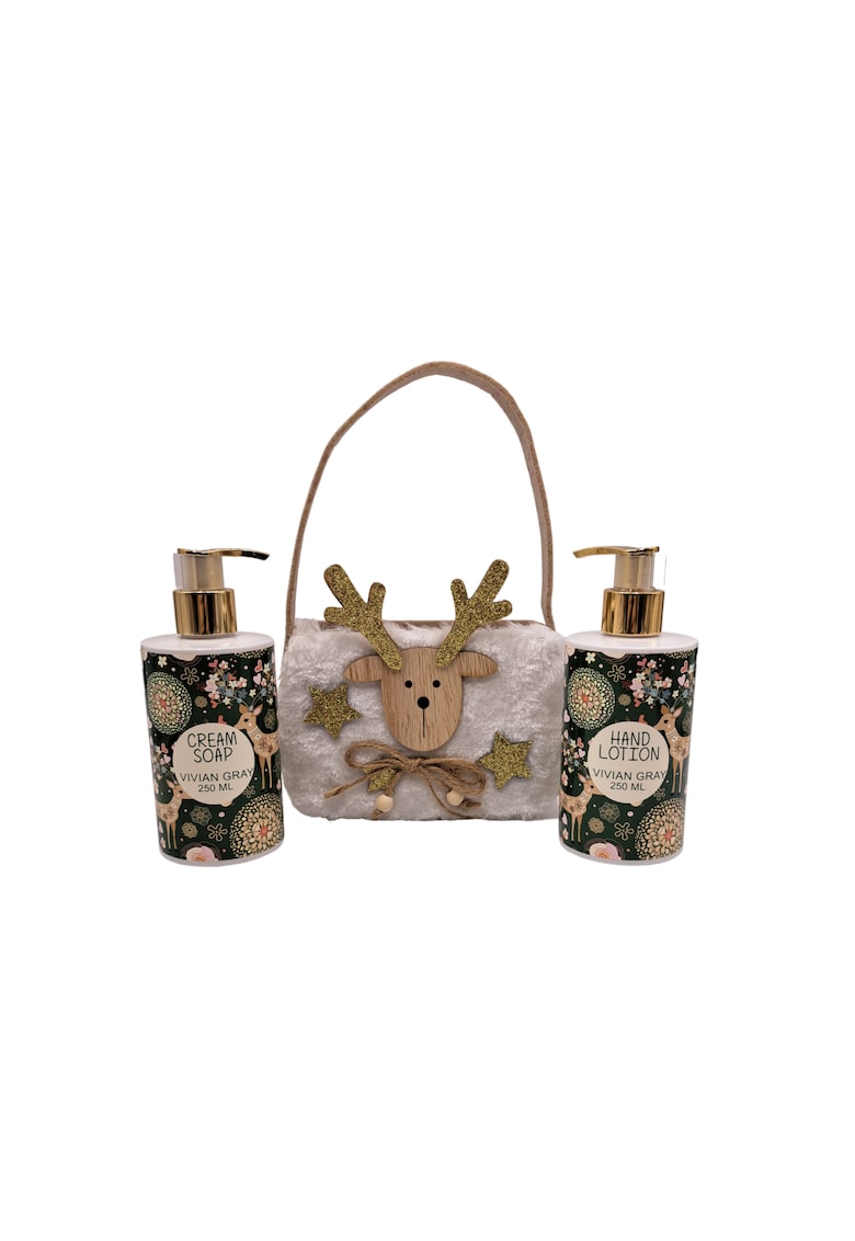 Set 3 Piese Femei - Lotiune Maini 250 ml - Sapun Crema 250 ml - Gentuta Alba Motive De Craciun - Ceai Verde - Citrice