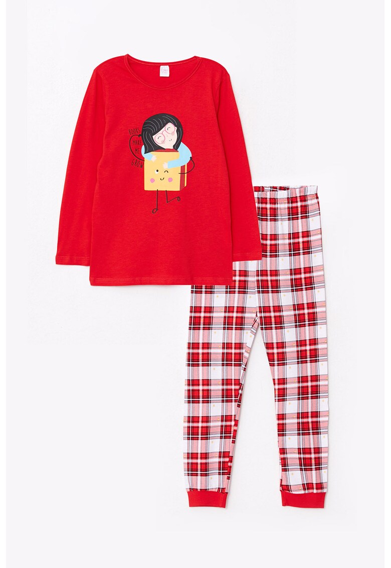 Pijama cu pantaloni lungi - imprimeu grafic si model in carouri