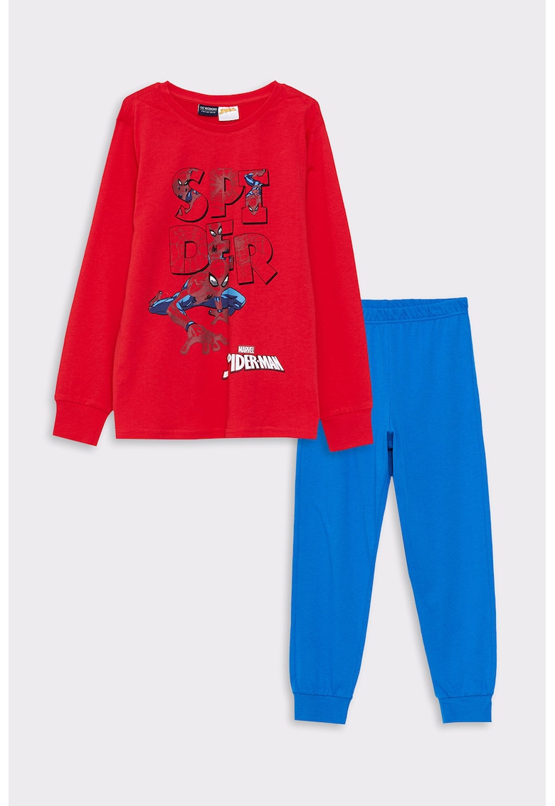 Pijama de bumbac cu maneci lungi si imprimeu Spiderman
