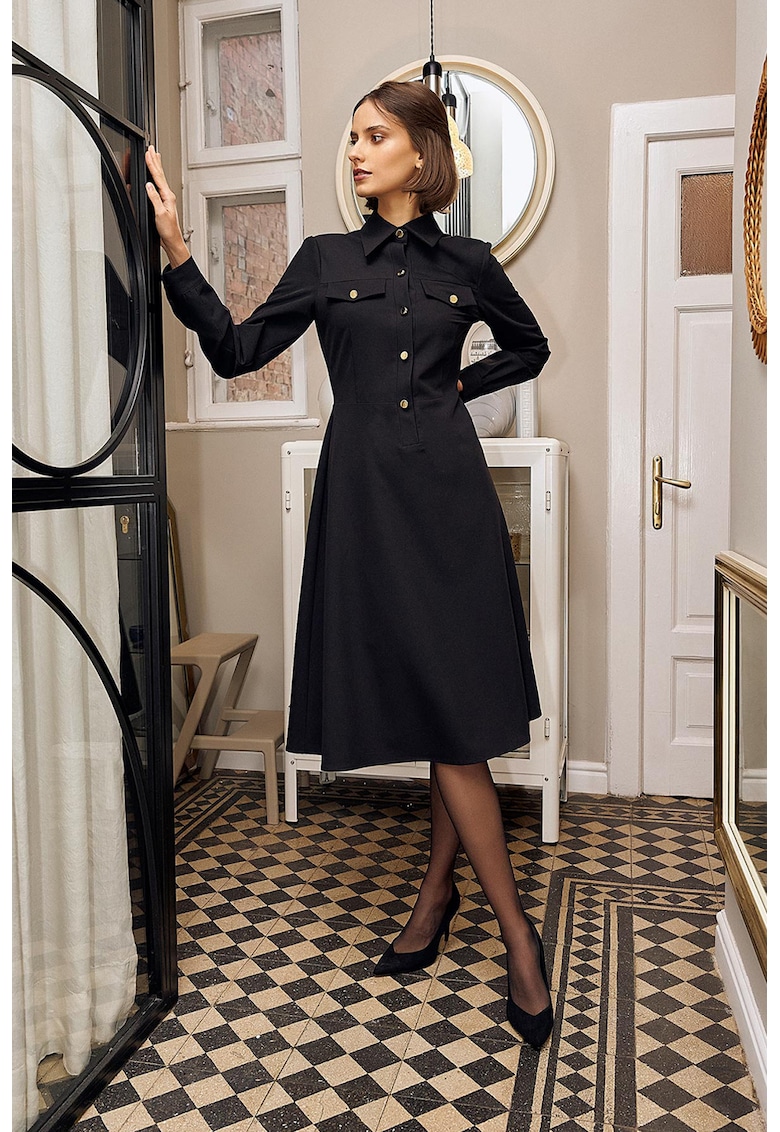Rochie midi evazata cu guler ascutit