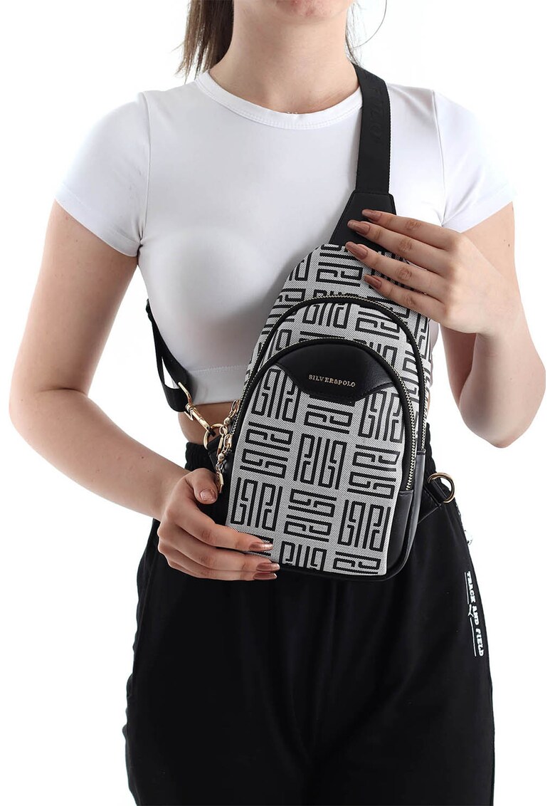 Geanta sling din piele ecologica cu model monograma