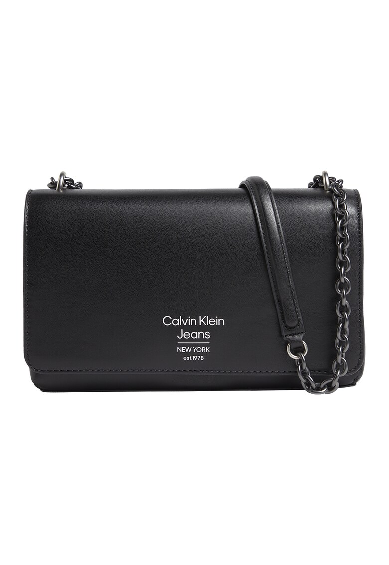 Geanta de piele ecologica cu bareta de umar si imprimeu logo discret