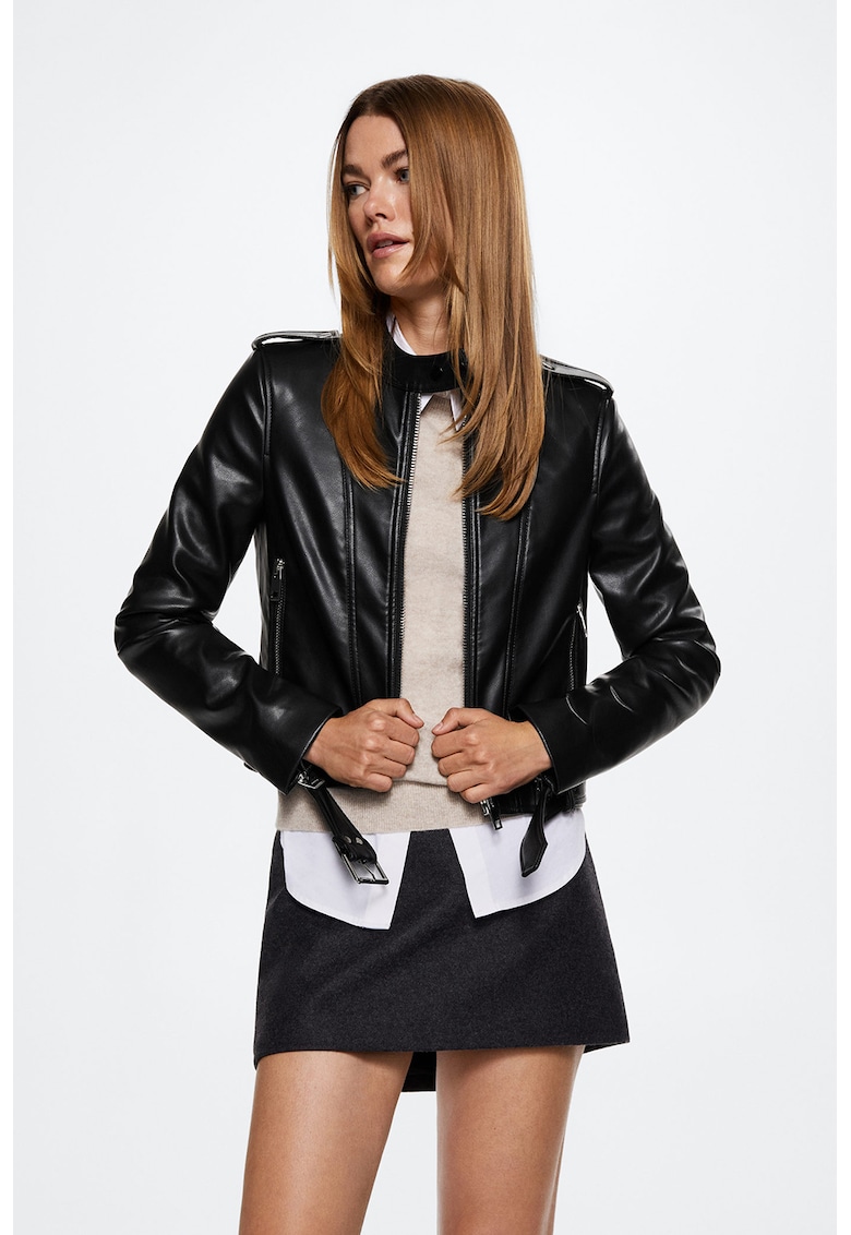 Jacheta biker de piele cu buzunare cu fermoar