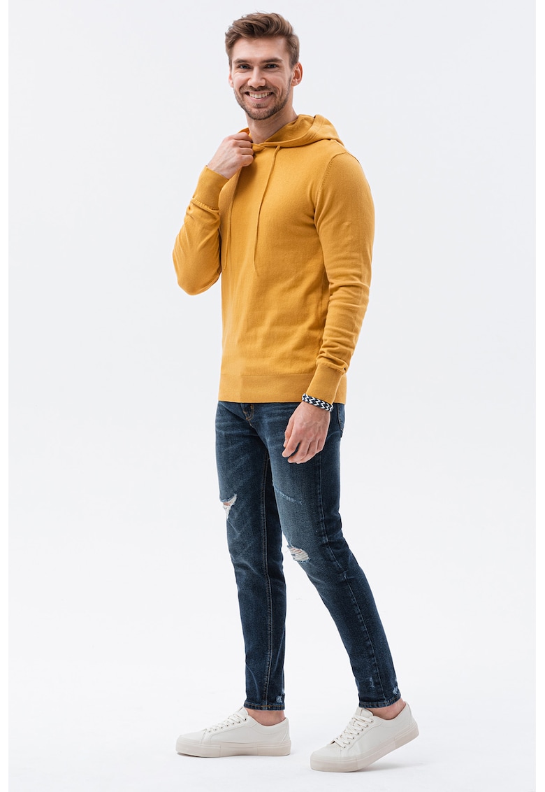 Pulover tricotat fin cu gluga - Galben inchis