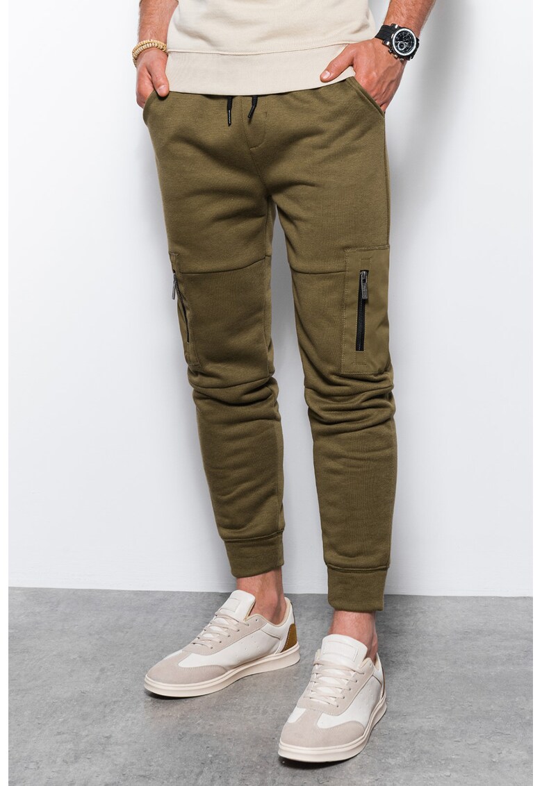 Pantaloni din amestec de bumbac cu buzunare laterale cu fermoar