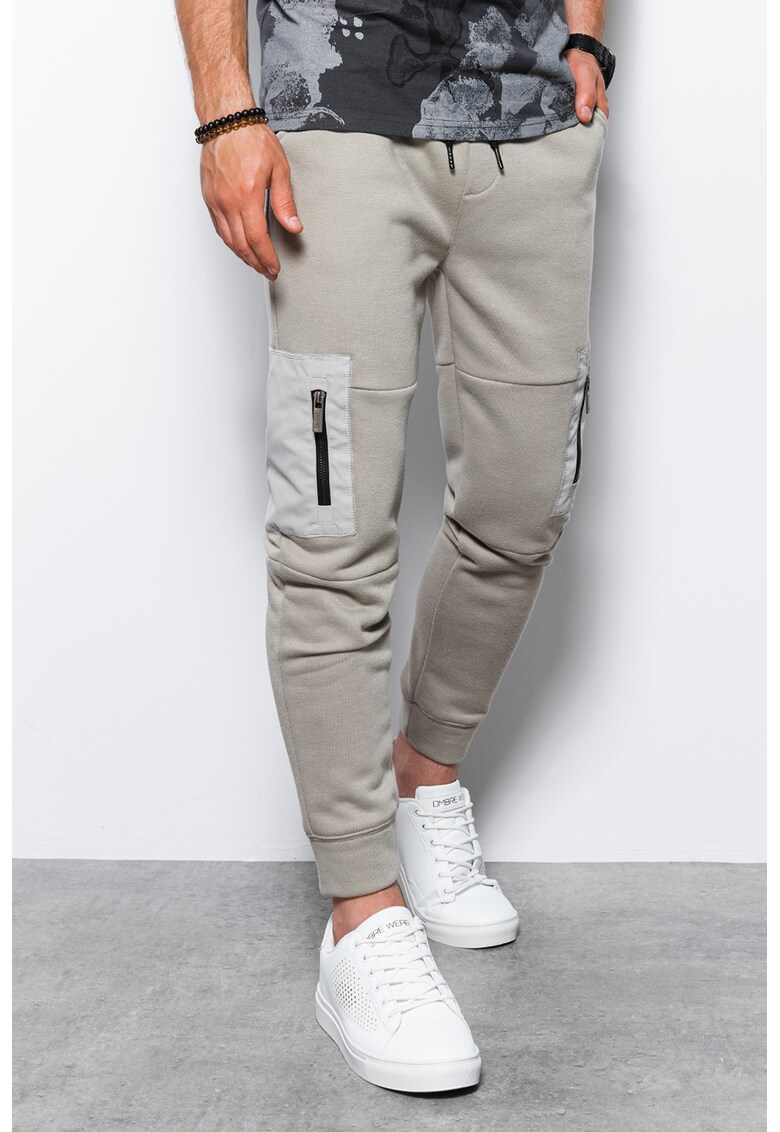 Pantaloni din amestec de bumbac cu buzunare laterale cu fermoar