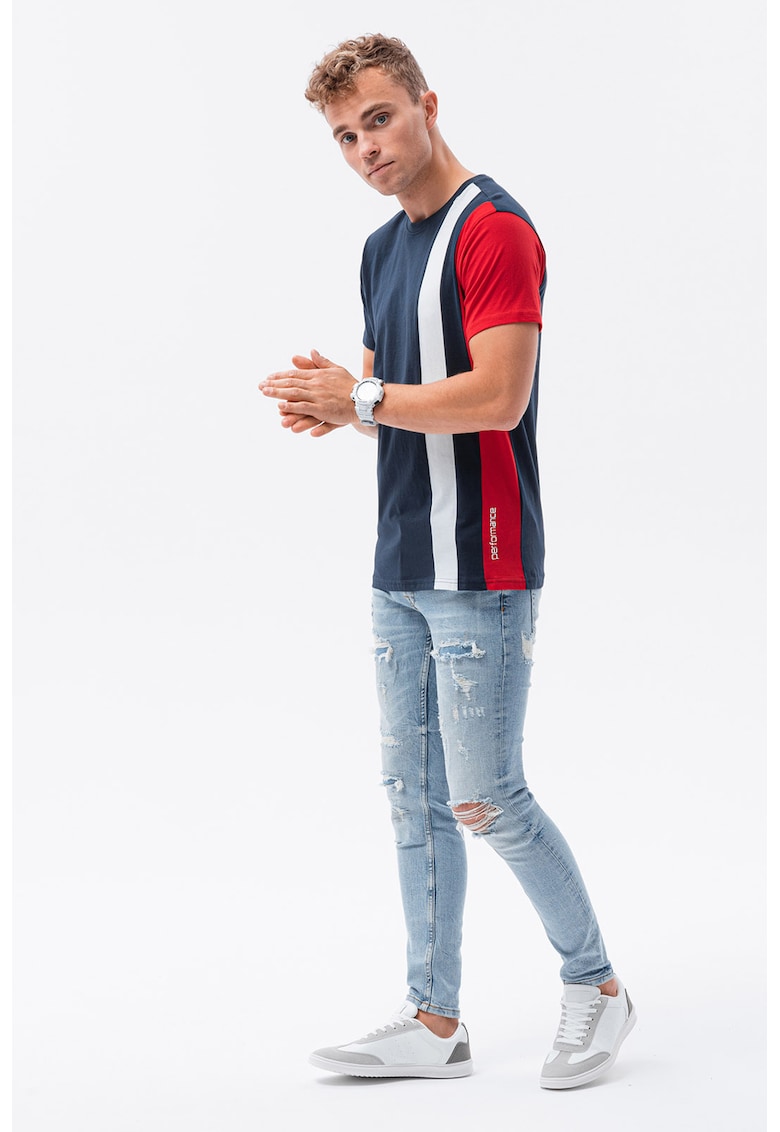 Tricou din bumbac cu model colorblock - Rosu/Alb/Bleumarin