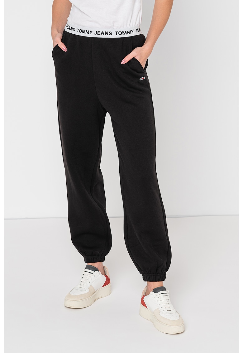 Pantaloni sport relaxed fit cu banda logo in talie