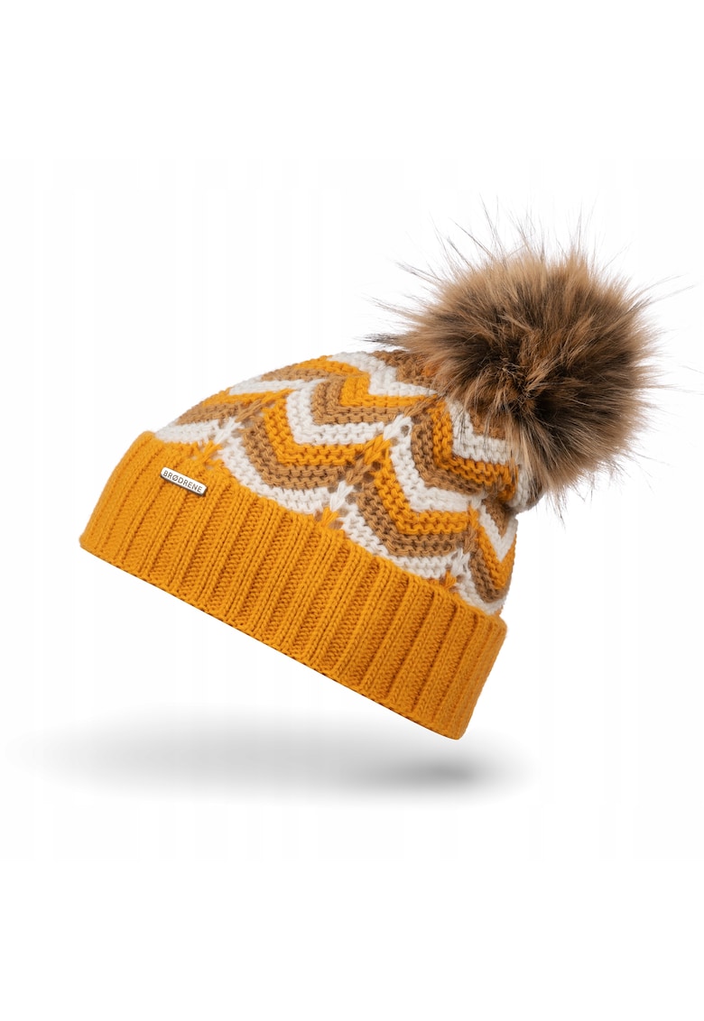 Caciula pentru iarna dama - Brodrene - Lana - 55-58 cm - Galben/Alb