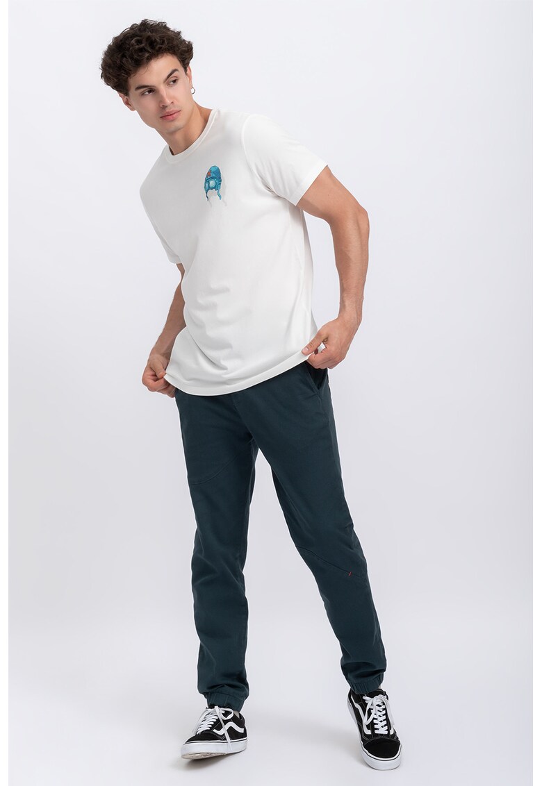 Tricou unisex cu decolteu la baza gatului si imprimeu grafic - Alb/Portocaliu/Turcoaz