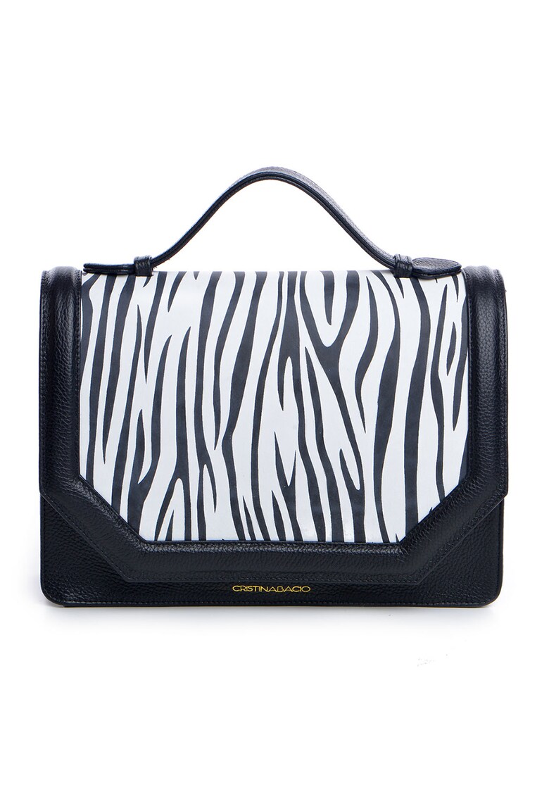 Geanta din piele cu bareta de umar si detaliu cu animal print