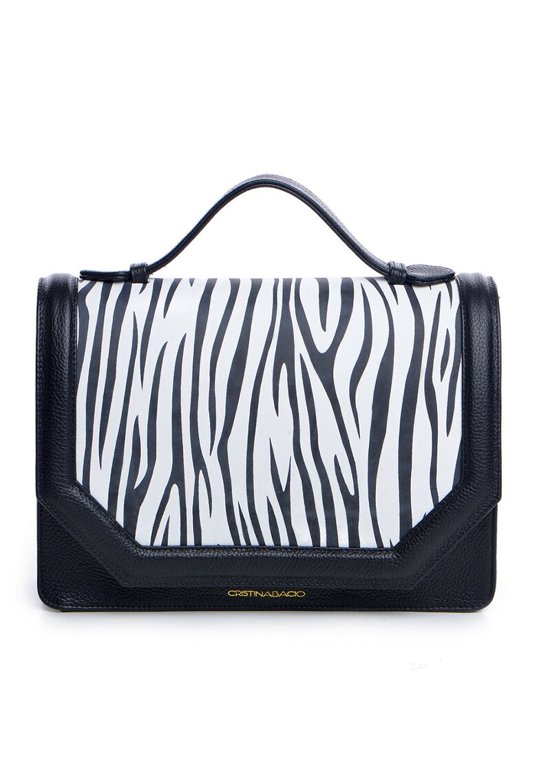 Geanta din piele si piele nabuc cu bareta de umar si segment cu animal print