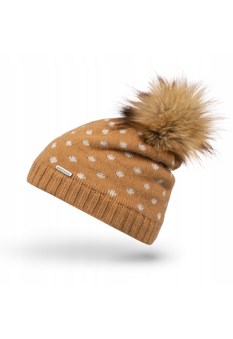 Caciula cu ciucure dama - Brodrene - Model cu buline - Acril - 55-58 cm - Maro deschis