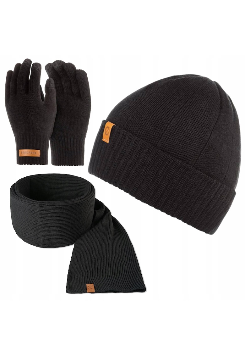 Set caciula - manusi si fular barbati - Brodrene - Acril - Dimensiune universala - Negru