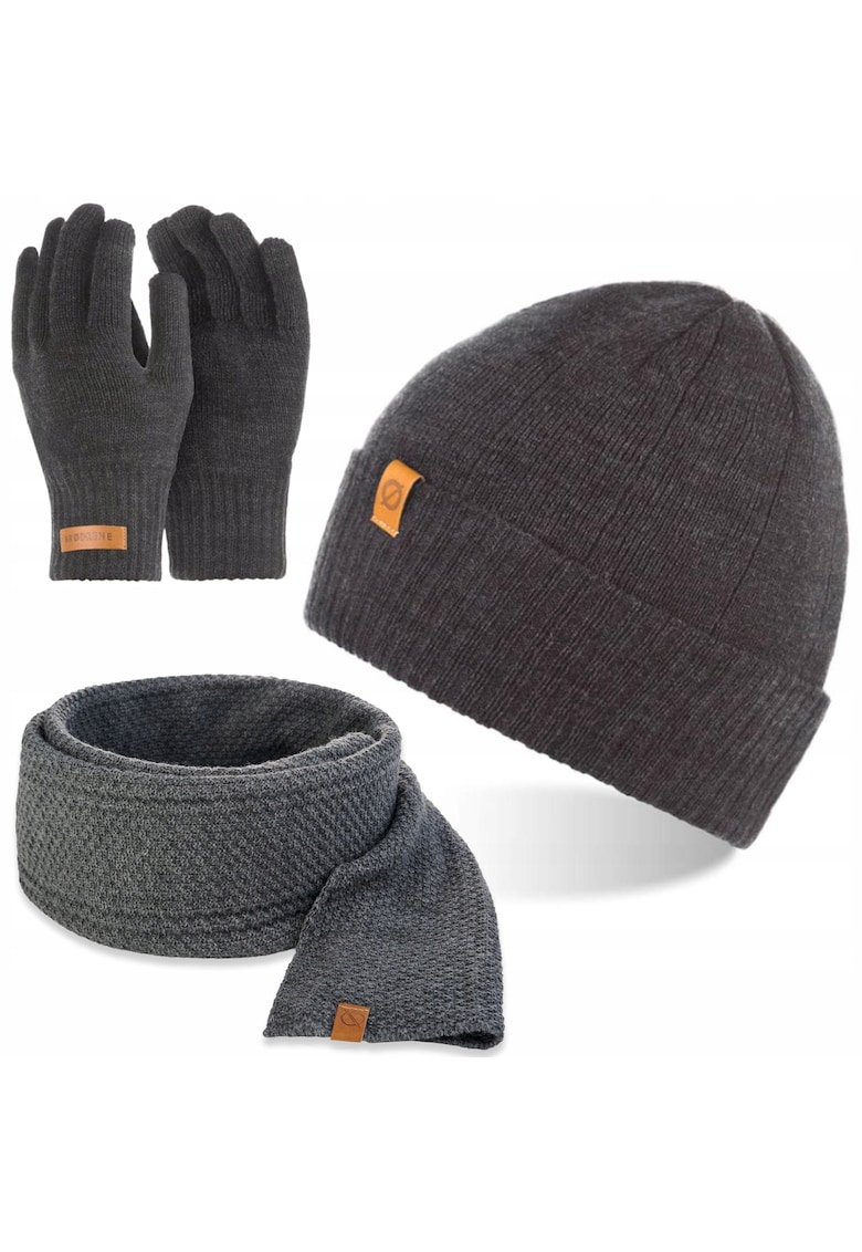 Set caciula - manusi si fular barbati - Brodrene - Acril - Dimensiune universala - Gri inchis