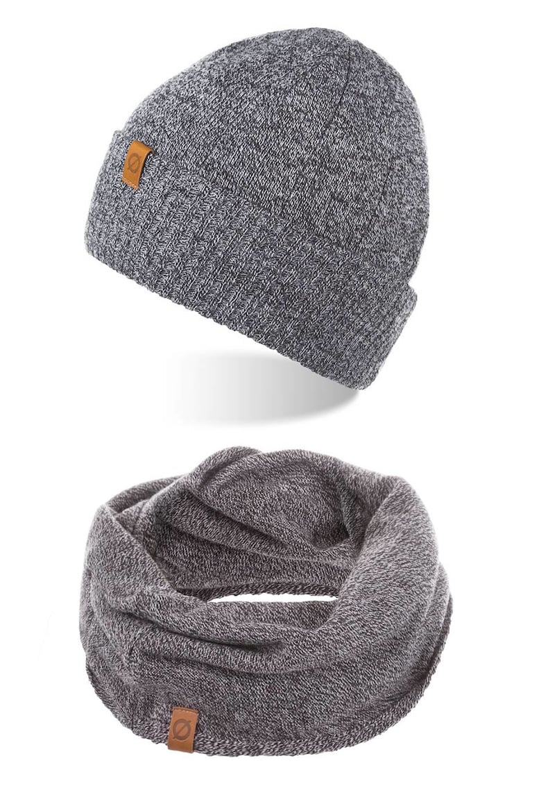 Set caciula si fular barbati - Brodrene - Acril - Dimensiune universala - Gri deschis