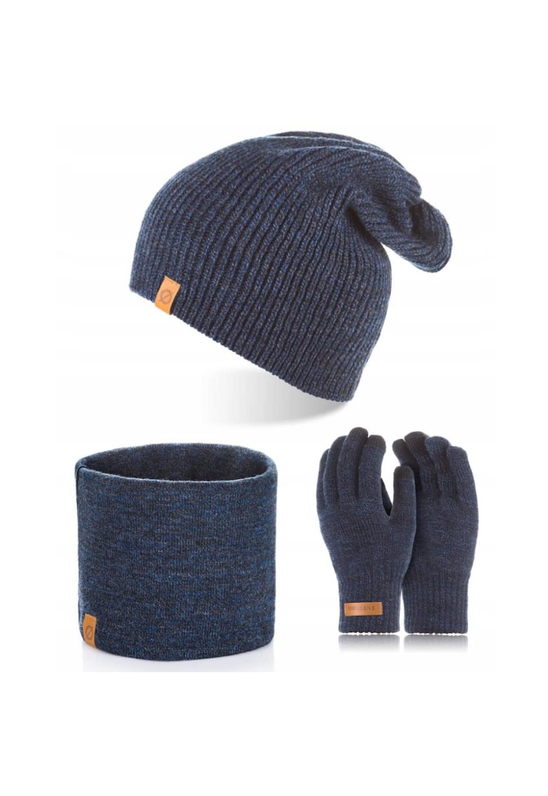 Set caciula cu fular si manusi barbati Brodrene - Acril - Albastru inchis