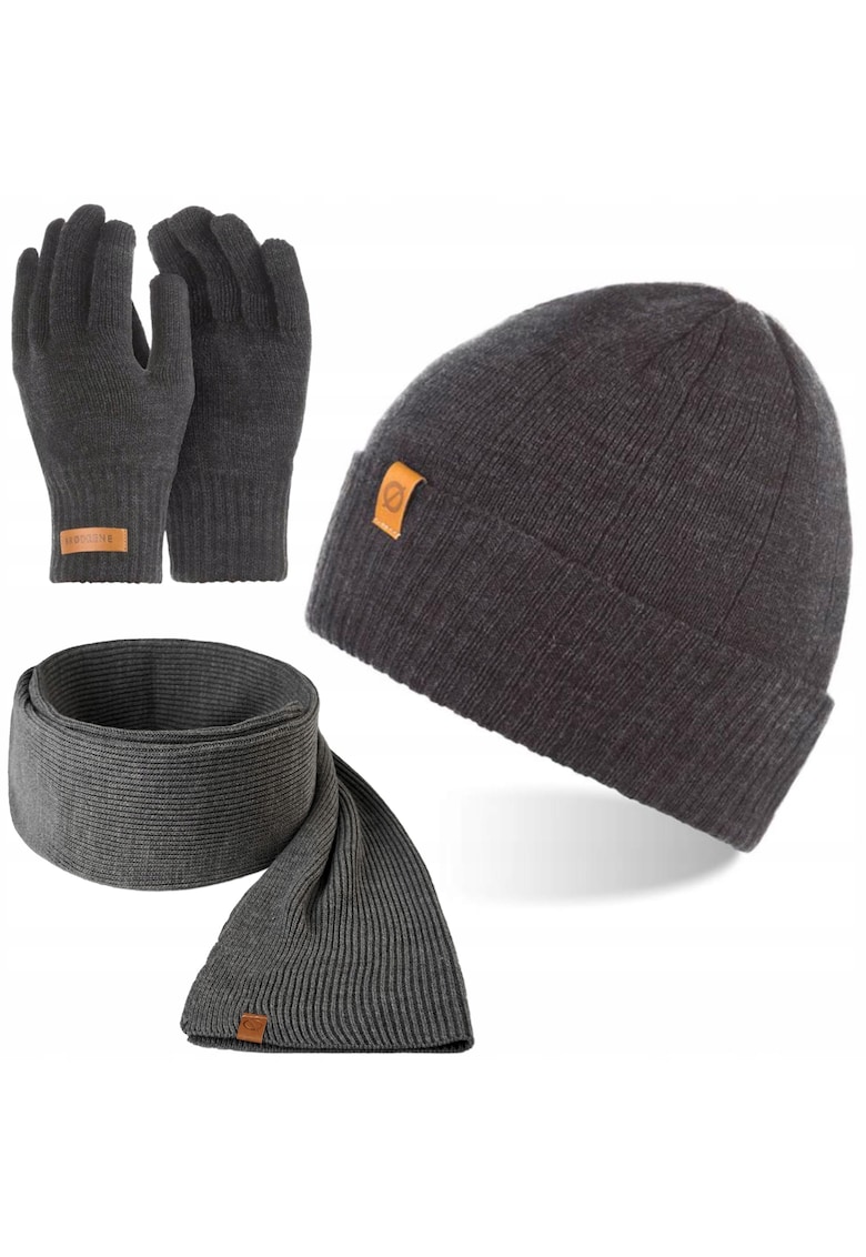 Set caciula - manusi si fular barbati - Brodrene - Acril - Dimensiune universala - Gri inchis