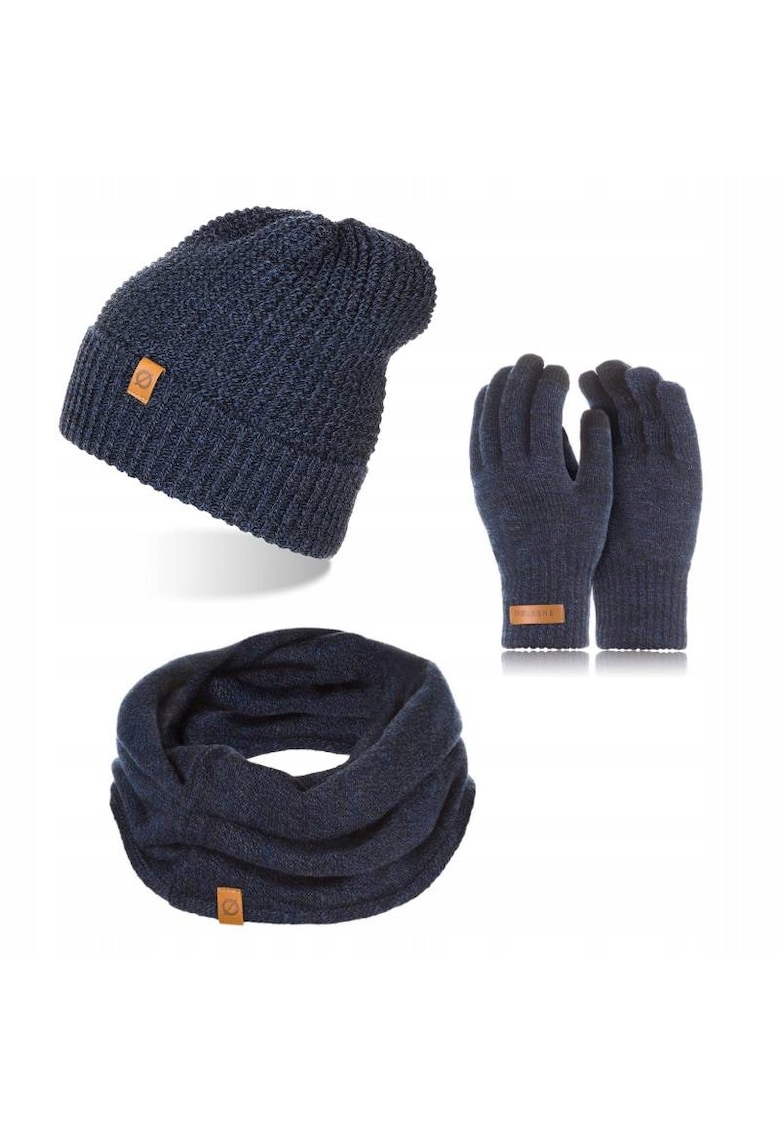 Set caciula cu fular si manusi barbati Brodrene - Acril - Albastru inchis