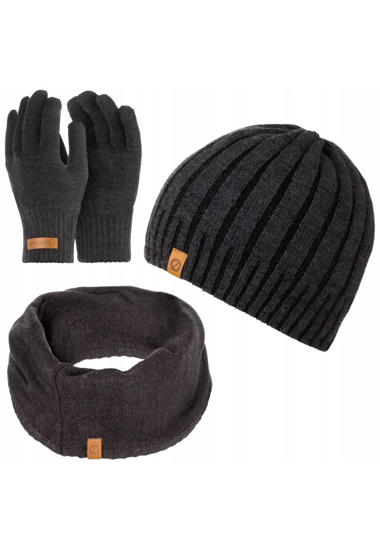 Set caciula - manusi si fular barbati - Brodrene - Acril - Dimensiune universala - Gri inchis