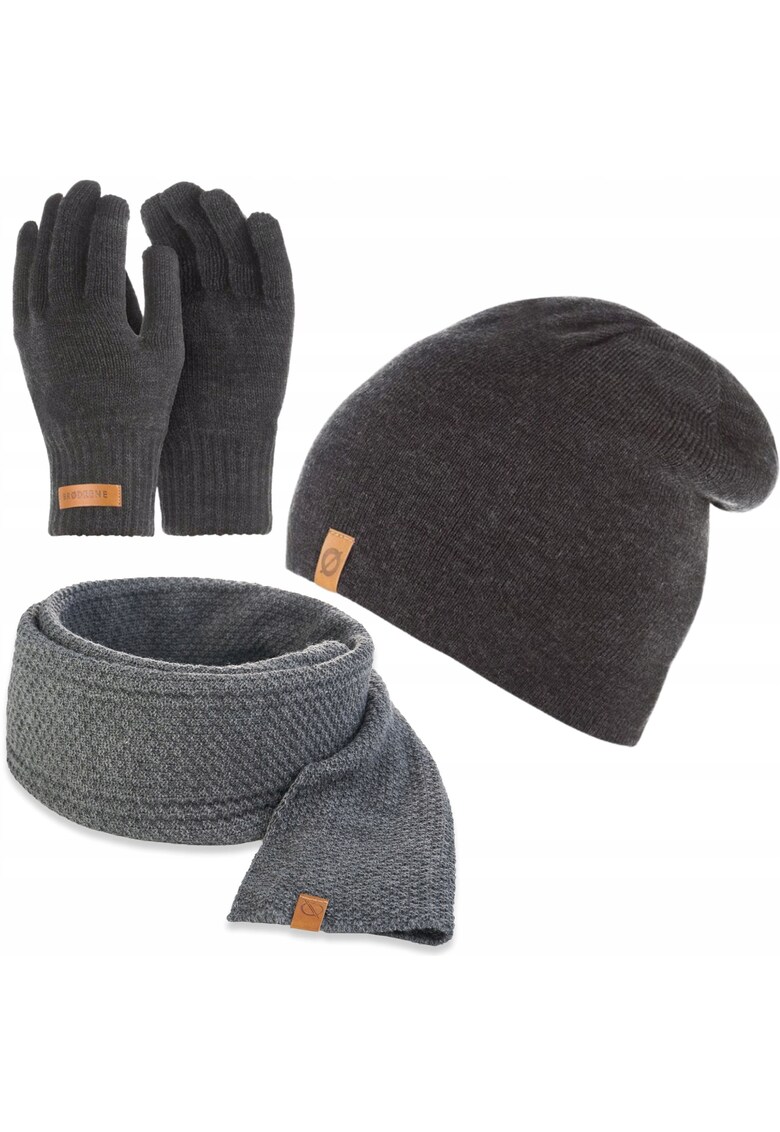 Set caciula - manusi si fular barbati - Brodrene - Acril - Dimensiune universala - Gri inchis