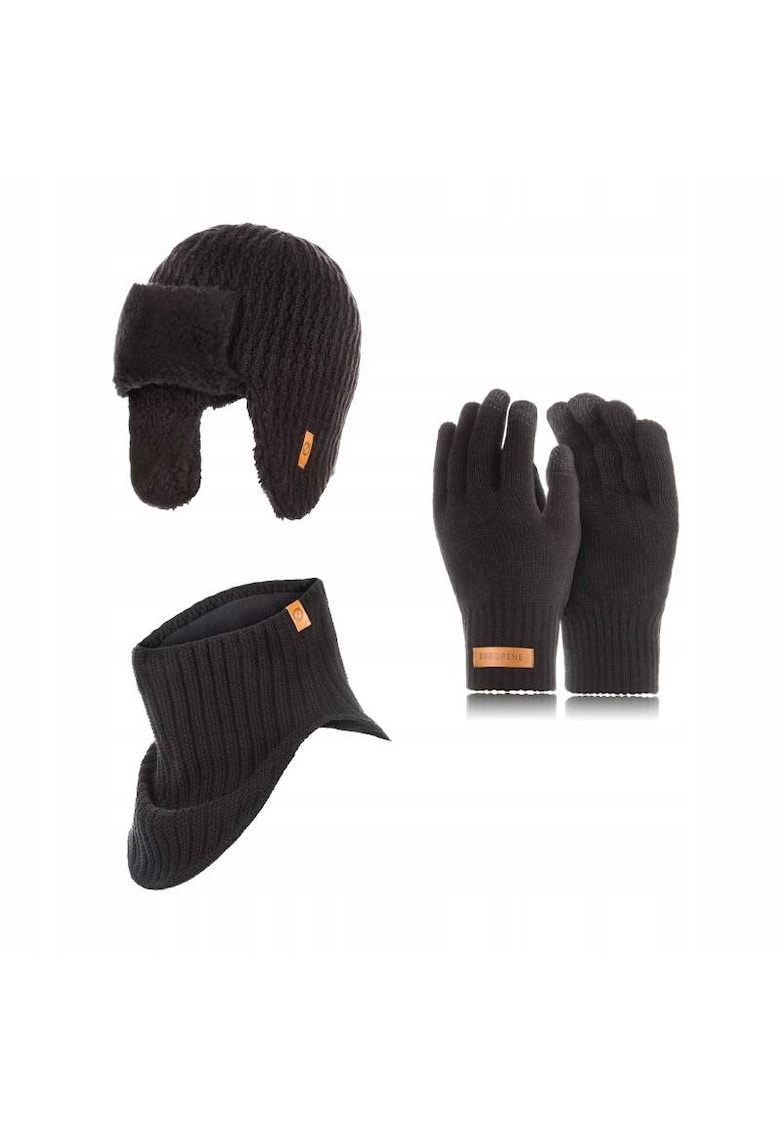 Set caciula cu urechi - manusi si fular barbati - Brodrene - Fleece - Dimensiune universala - Negru