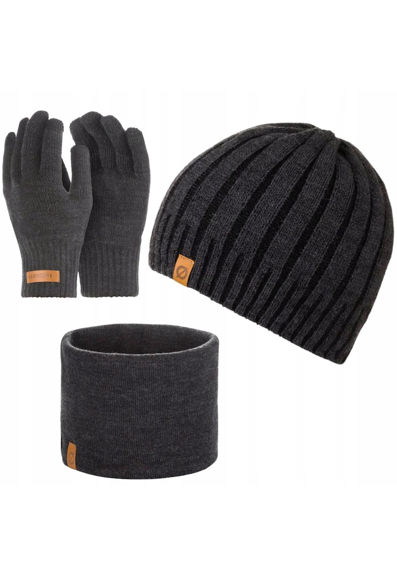 Set caciula - manusi si fular barbati - Brodrene - Acril - Dimensiune universala - Gri inchis