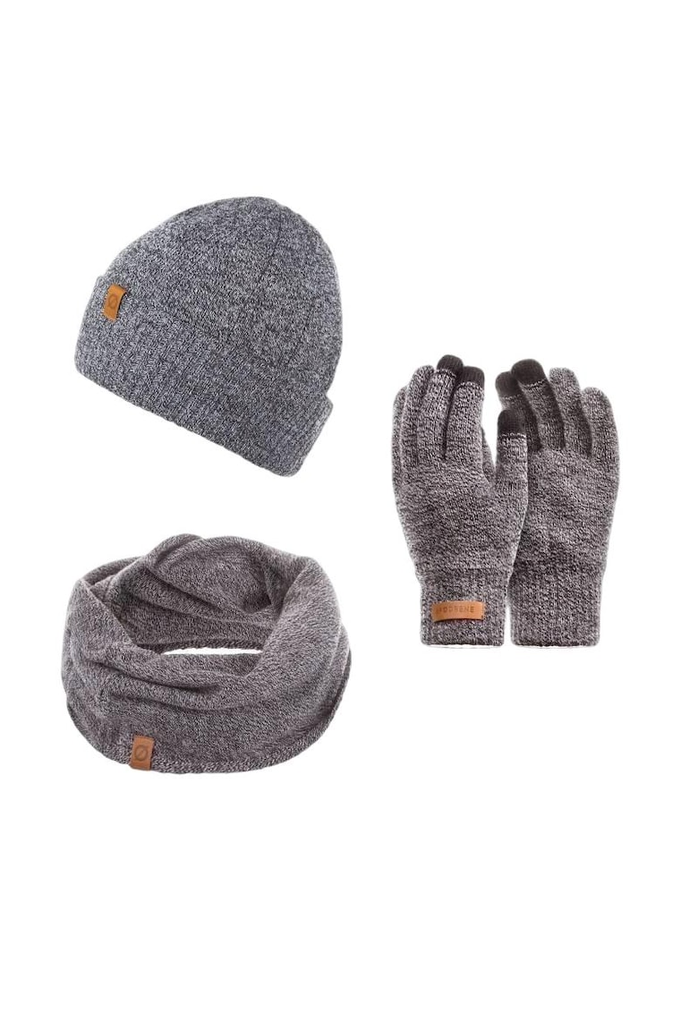 Set 3 in 1 barbati - Brodrene - Acril - Caciula + fular tip guler + manusi - Circumferinta 56-60 cm - Gri deschis