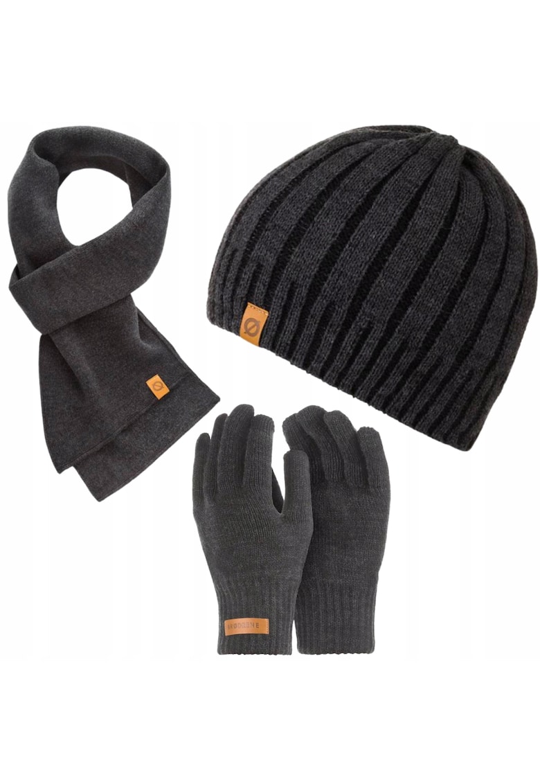 Set caciula - manusi si fular barbati - Brodrene - Acril - Dimensiune universala - Gri inchis
