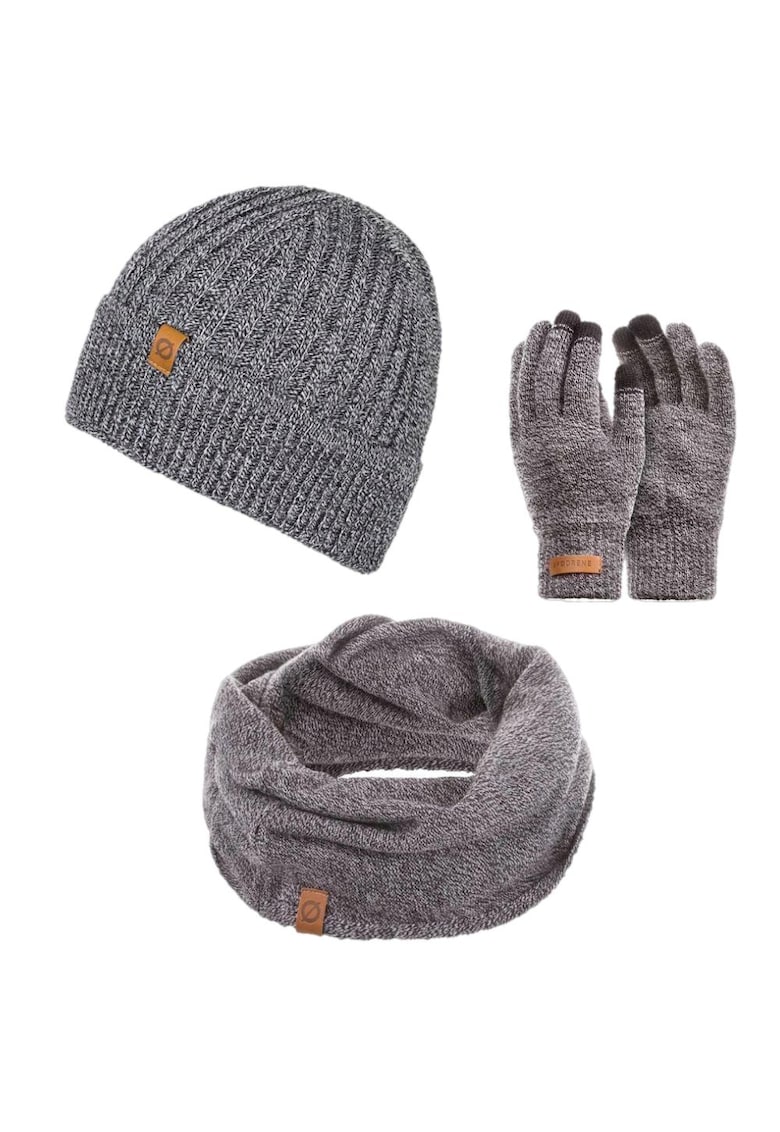 Set 3 in 1 barbati - Brodrene - Caciula + fular tip guler + manusi - Acril - Circumferinta 56-60 cm - Gri deschis