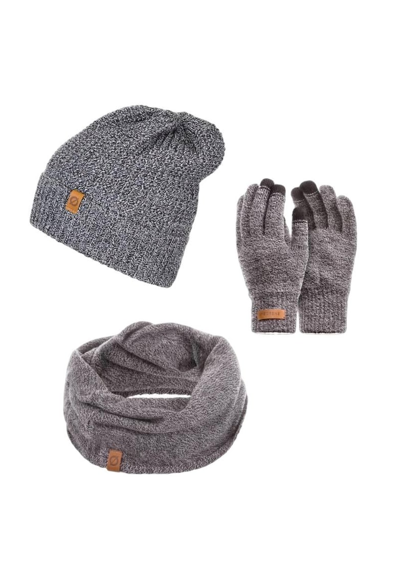 Set 3 in 1 barbati - Brodrene - Caciula + fular tip guler + manusi - Acril - Circumferinta 56-60 cm - Gri deschis