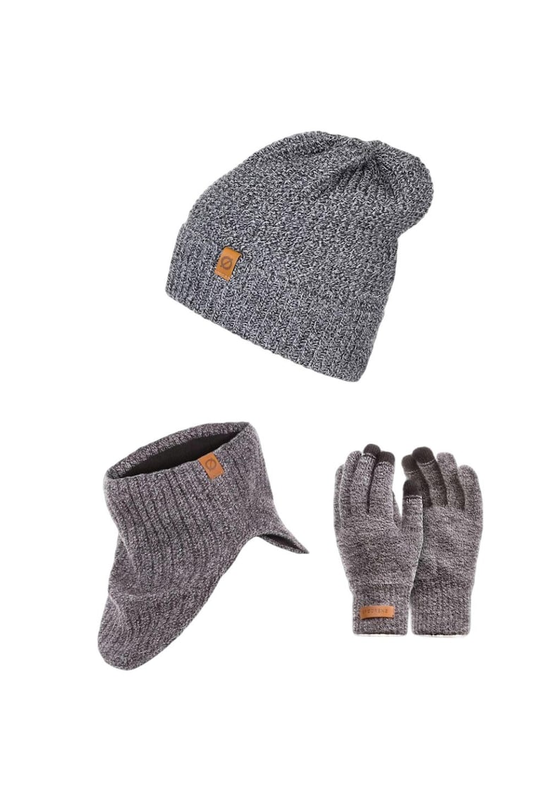 Set 3 in 1 barbati - Brodrene - Caciula + fular tip guler + manusi - Acril - Circumferinta 56-60 cm - Gri deschis