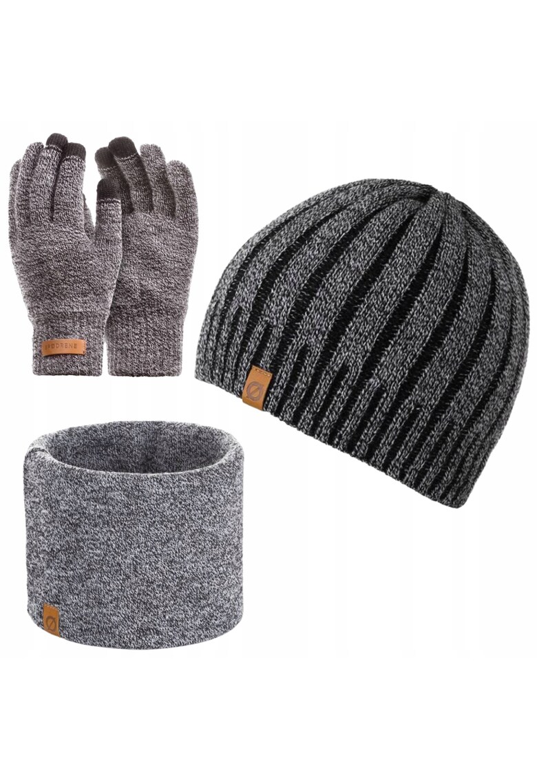 Set 3 in 1 barbati - Brodrene - Caciula + fular tip guler + manusi - Acril - Circumferinta 56-60 cm - Gri deschis