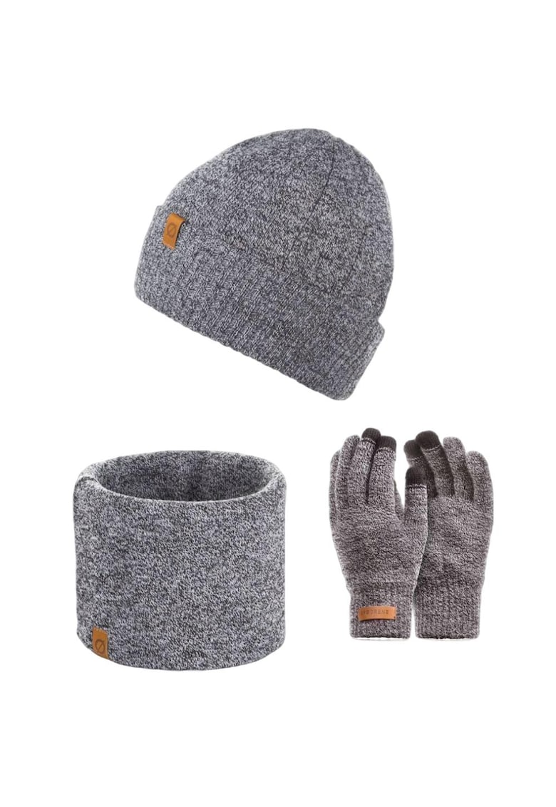 Set 3 in 1 barbati - Brodrene - Caciula + fular tip guler + manusi - Acril - Circumferinta 56-60 cm - Gri deschis