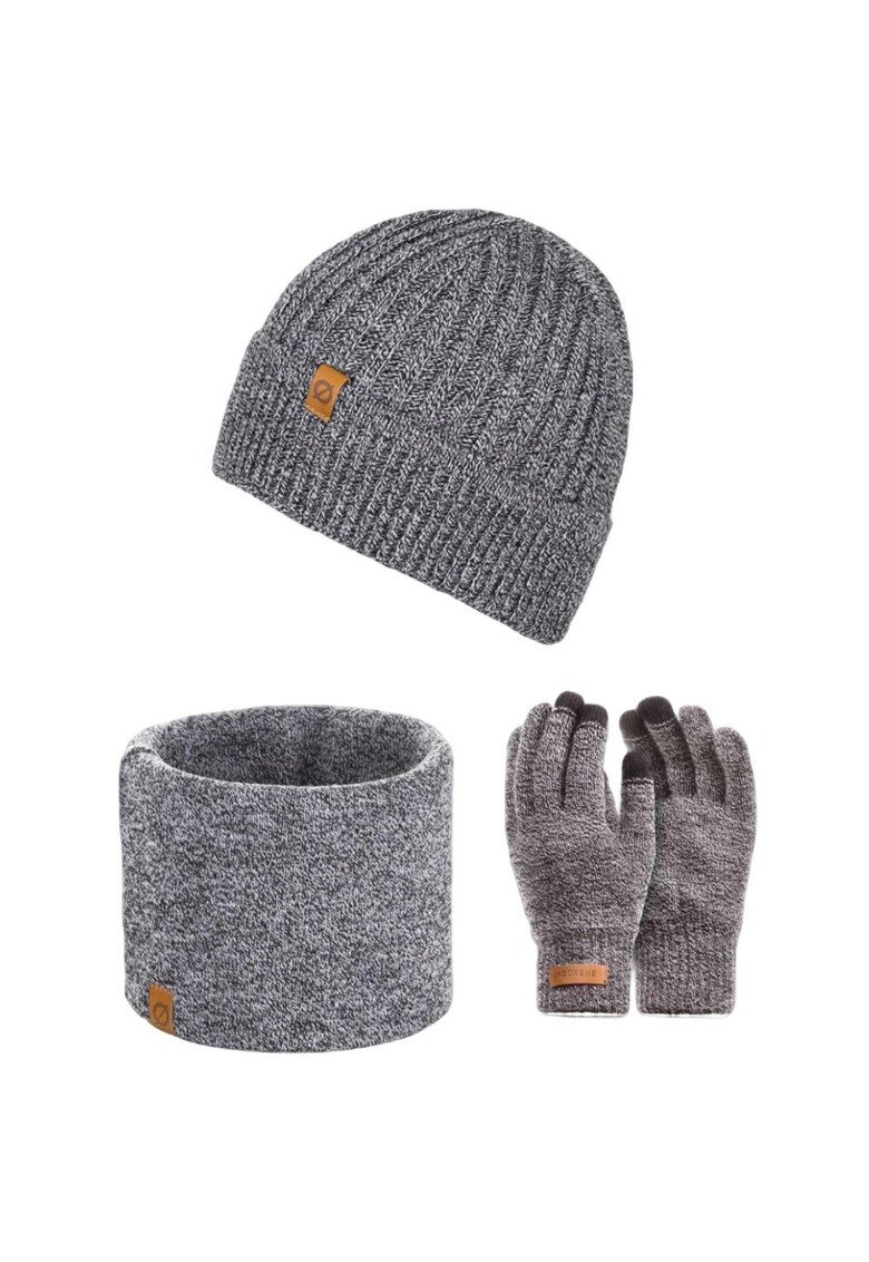 Set 3 in 1 barbati - Brodrene - Caciula + fular tip guler + manusi - Acril - Circumferinta 56-60 cm - Gri deschis