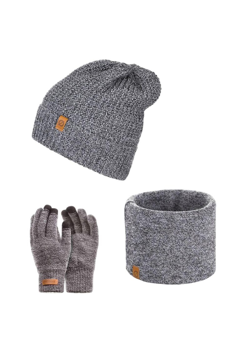 Set 3 in 1 barbati - Brodrene - Caciula + fular tip guler + manusi - Acril - Circumferinta 56-60 cm - Gri deschis