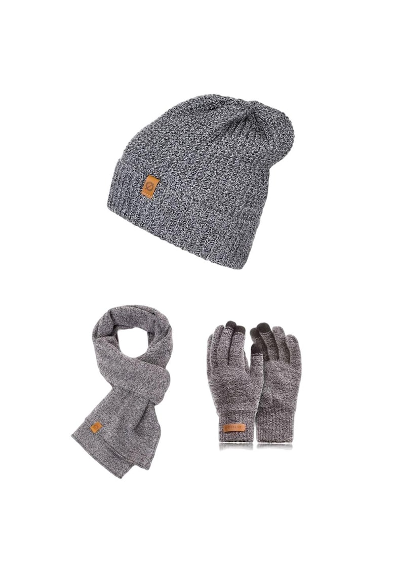 Set 3 in 1 barbati - Brodrene - Caciula + fular + manusi - Acril - Circumferinta 56-60 cm - Gri deschis