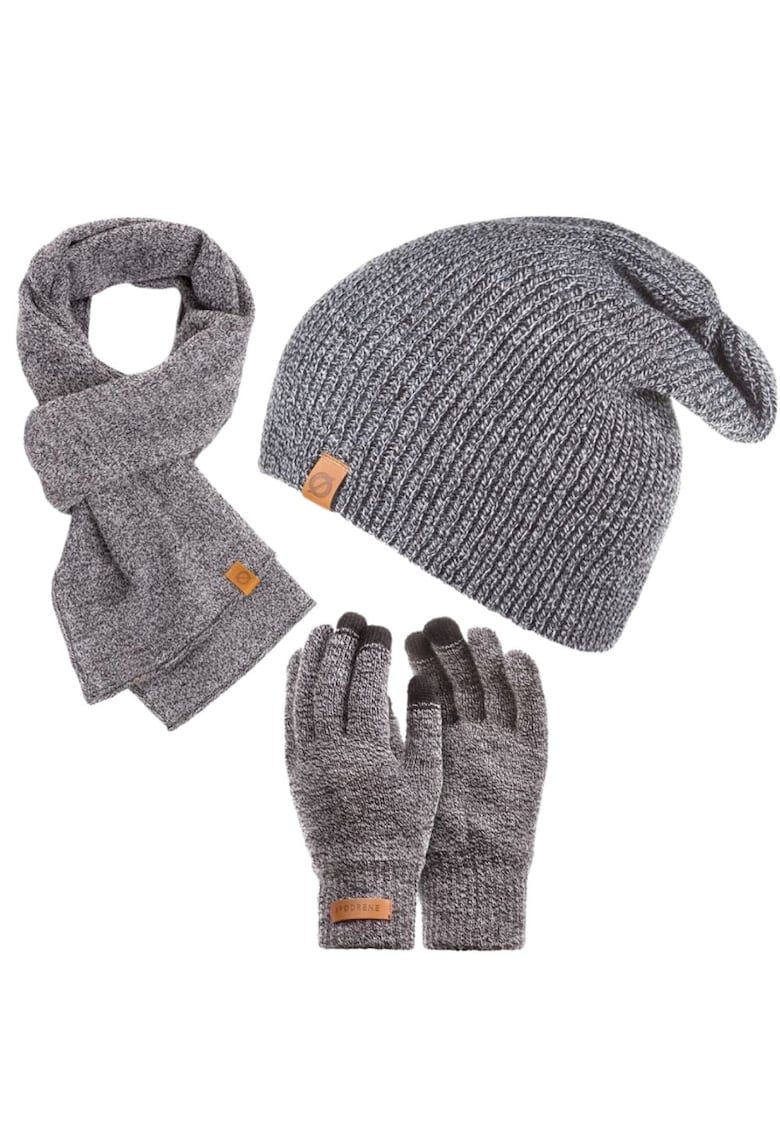 Set 3 in 1 barbati - Brodrene - Caciula + fular + manusi - Acril - Circumferinta 56-60 cm - Gri deschis