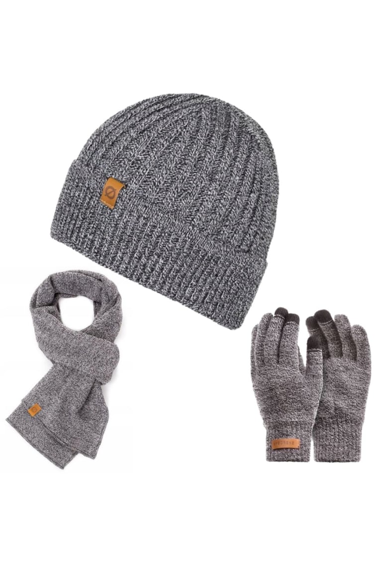 Set 3 in 1 barbati - Brodrene - Caciula + fular + manusi - Acril - Circumferinta 56-60 cm - Gri deschis
