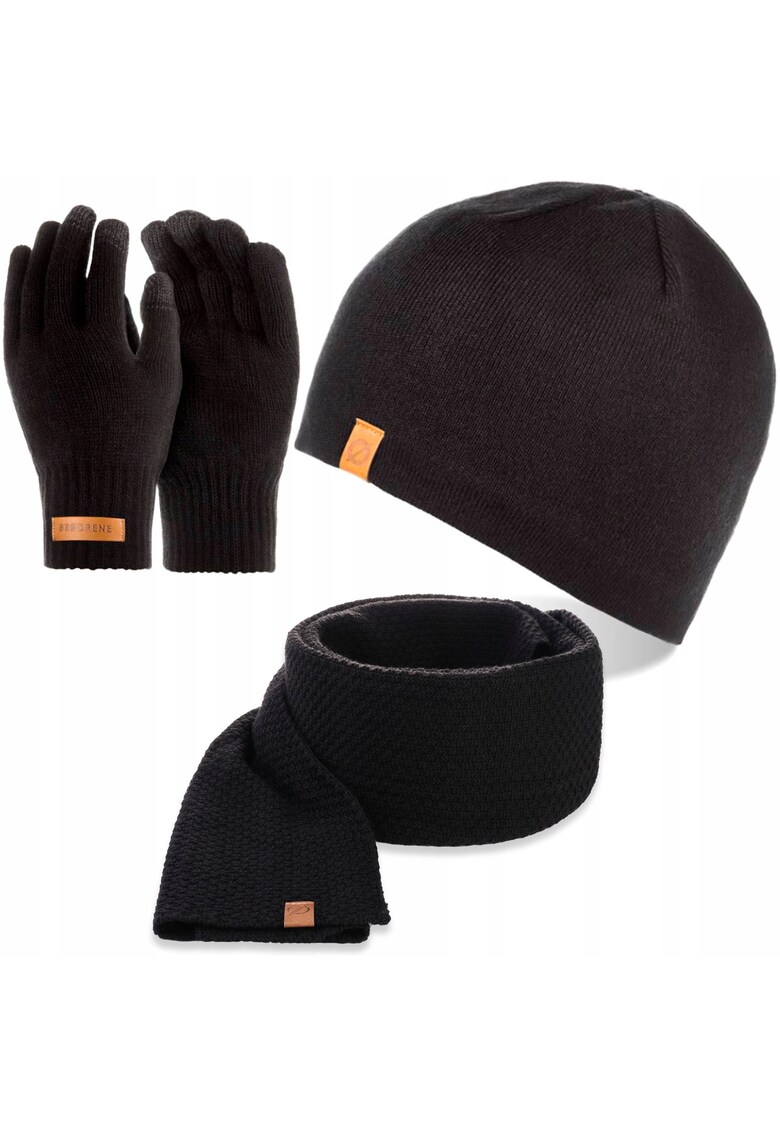 Set caciula - manusi si fular barbati - Brodrene - Lana - Dimensiune universala - Negru