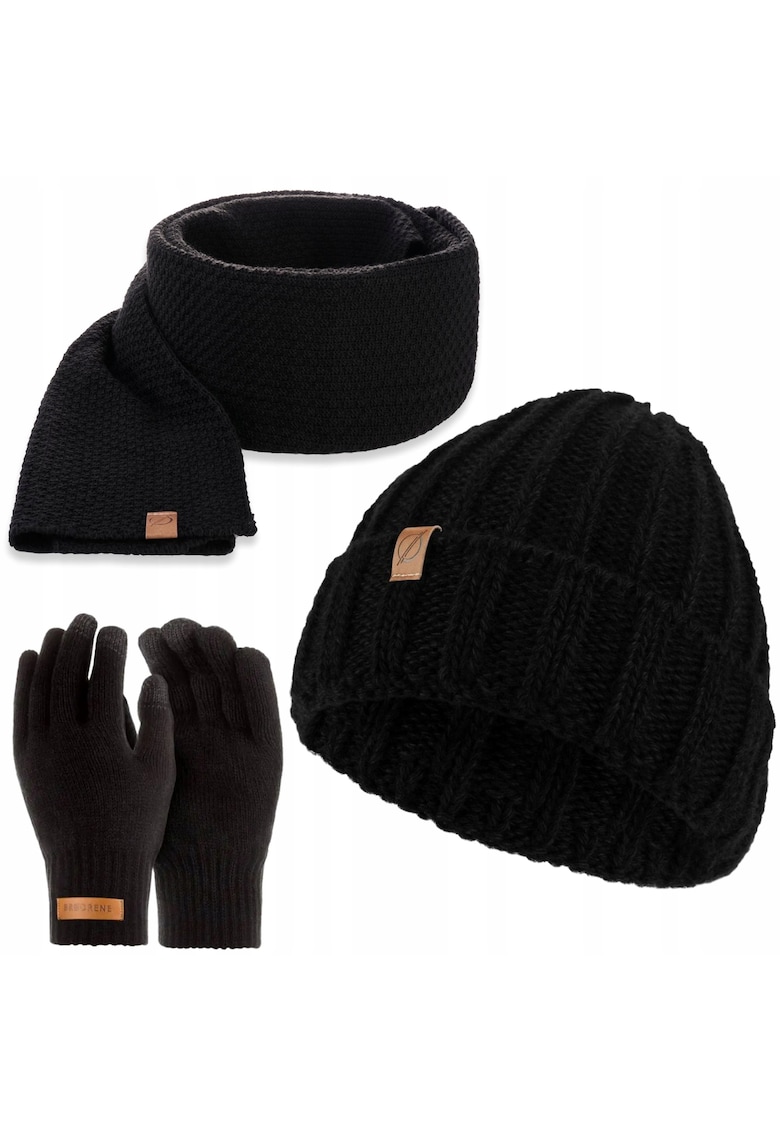 Set caciula - manusi si fular barbati - Brodrene - Acril - Dimensiune universala - Negru