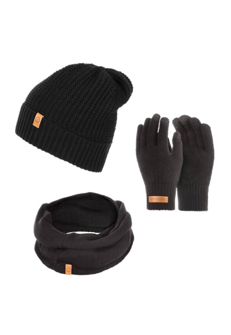 Broedrene Set 3 in 1 barbati - Brodrene - Caciula + fular tip guler + manusi - Acril - Circumferinta 56-60 cm - Negru