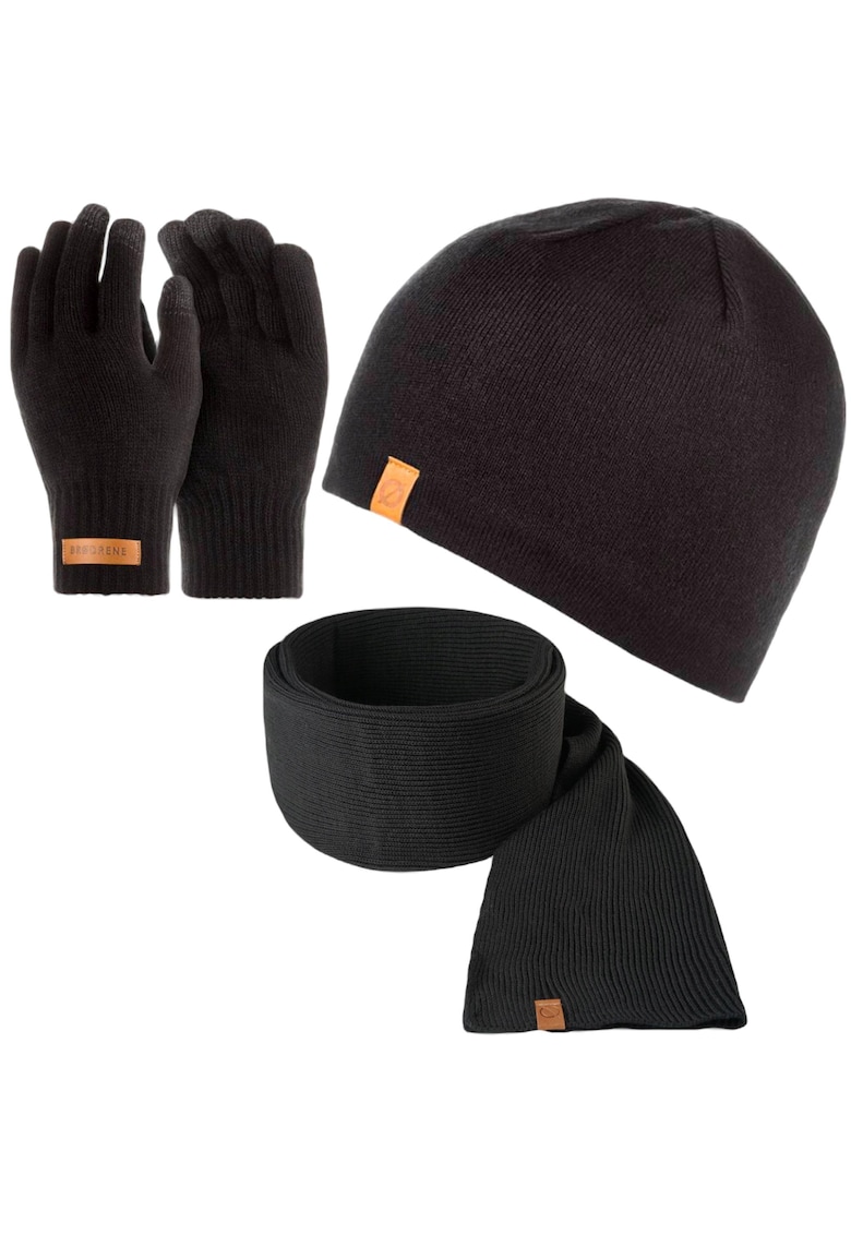 Set 3 in 1 barbati - Brodrene - Caciula + fular tip guler + manusi - Acril - Circumferinta 56-60 cm - Negru