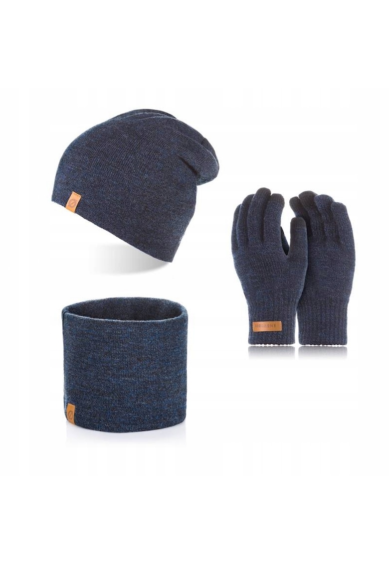 Set caciula cu fular si manusi barbati Brodrene - Acril - Albastru inchis