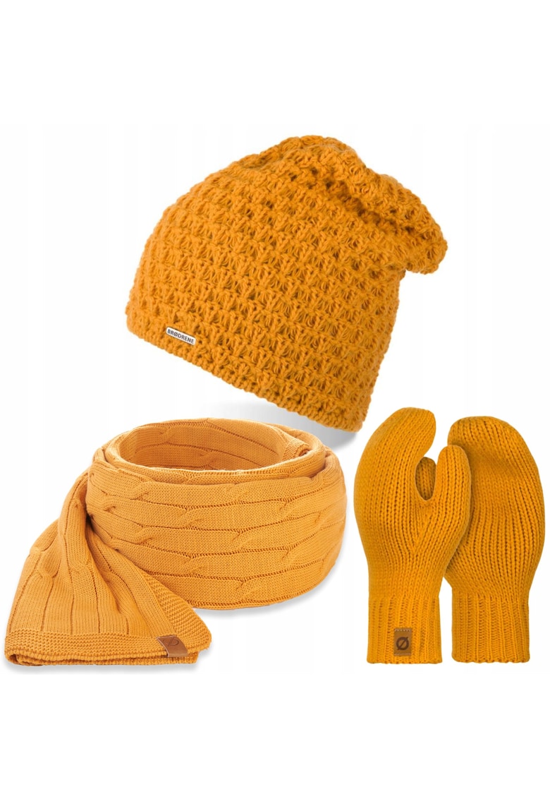 Set caciula cu fular si manusi dama Brodrene - Acril - Galben