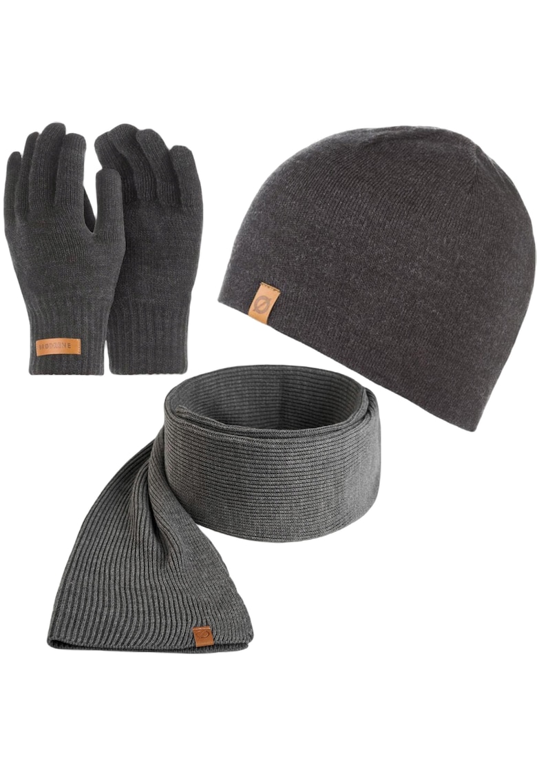 Set 3 in 1 barbati - Brodrene - Caciula + fular + manusi - Acril - Circumferinta 56-60 cm - Gri inchis
