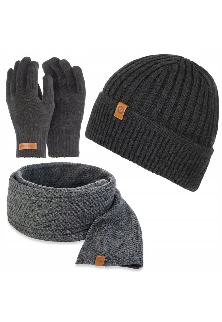 Set 3 in 1 barbati - Brodrene - Caciula + fular + manusi - Acril - Circumferinta 56-60 cm - Gri inchis