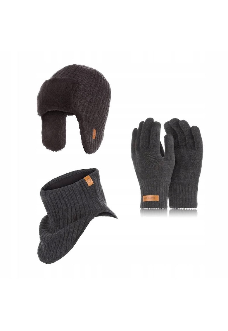 Set 3 in 1 barbati - Brodrene - Caciula + fular tip guler + manusi - Acril - Circumferinta 56-60 cm - Gri inchis