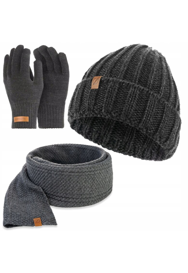 Set caciula - manusi si fular barbati - Brodrene - Acril - Dimensiune universala - Gri inchis